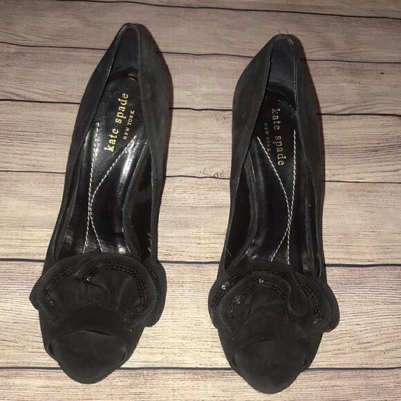 Kate Spade Suede Black Ruffle Peep Toe Heels - Picture 1 of 6
